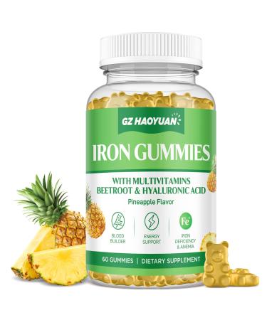 Iron Gummies for Women - Iron Supplement Gummies for Kids & Adults with Multivitamin for Blood Builder Energy Iron Deficiency & Anemia - Sugar Free Vegan Iron Gummies Pineapple 60 ct Pineapple 60 Count (Pack of 1)