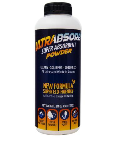 ULTRABSORB Super Absorbent Powder: Multi-Purpose Liquid Spill Solidifies & Deodorizer - Urine Vomit Absorb - Odor Remover + Oxy Cleaning Portable Toilet Porta Potty Bio Gel Size 28 Oz