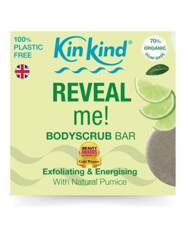 KinKind REVEAL me! Body Scrub Bar. Exfoliate to reveal fresh new skin. Natural exfoliators. No plastic No mess in the shower. Vegan & Cruelty free. UK made. Lime BodyScrub Bar