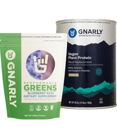 Gnarly Nutrition Performance Greens Blueberry A ai (11.64 oz) and Gnarly Vegan Plant Protein Meal Replacement - Vanilla (28.2oz)