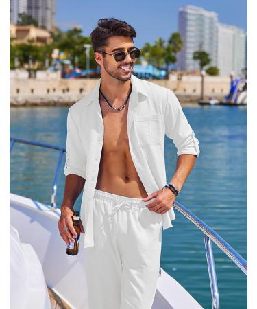 COOFANDY Men's 2 Piece Linen Set - Casual Long Sleeve Cuban Shirt & Loose Pants Beach Outfit - Large White - Buy Online on GoSupps.com