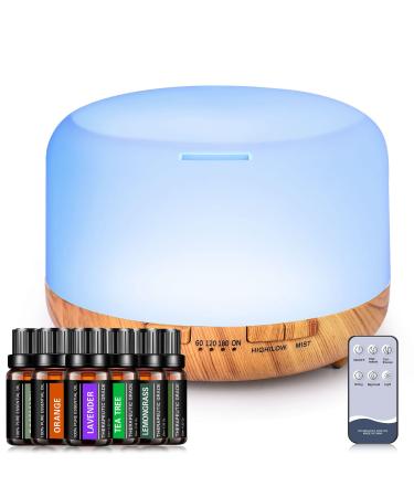YIKUBEE Diffusers for Essential Oils Large Room, 500ml Diffuser with Essential Oils Included 6x10mL, Essential Oil Diffusers, Aromatherapy Diffuser, Humidifiers for Bedroom Wood Grain With Oils