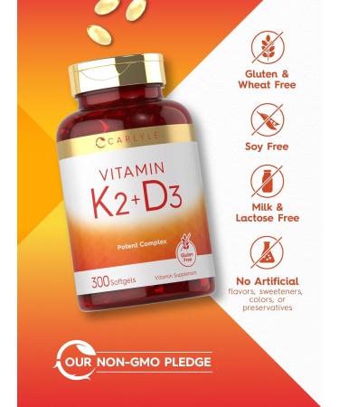 Carlyle Vitamin K2 D3 Supplement | 300 Softgels | 200mcg K2 MK7 & 10 000 IU D3 | Non-GMO Gluten Free 300 Count (Pack of 1) - Buy Online on GoSupps.com
