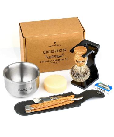 Anbbas Shaving Set with Badger Brush,Stand and Bowl,Shaving Soap,Straight Razor with Bag,10pcs Blades,Shaving Kit for Men Wood