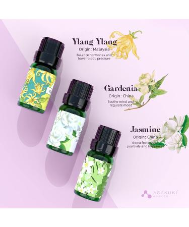 ASAKUKI Floral Essential Oils Set - Jasmine, Ylang Ylang, Rose, Lavender, Cherry Blossom, Gardenia - 10ml Premium Fragrance Oil for Aromatherapy, Hair Care, Candle & Soap Making - Buy Online on GoSupps.com