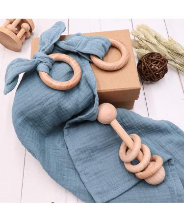 Baby Lovey Wood Rattle Teether Ring Set - Navy Blue Cotton Double Gauze 3 Pack | Montessori Gender Neutral Baby Shower Gift - Buy Online on GoSupps.com