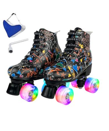 Women's Classic Roller Skates - Premium Microfiber High-top Roller Skates for Adult Women Men Double Row Indoor Outdoor Skates for Unisex Girls with Shoes Bag Black flash wheel 40- US: 8.5