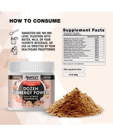 AMPEXT 12-in-1 Dozen Synergy Power: Premium Complex of 12 Carefully Selected Fruiting Body Mushroom Extracts, Supporting Immunity, Cognitive & Cardiovascular Functions - Buy Online on GoSupps.com