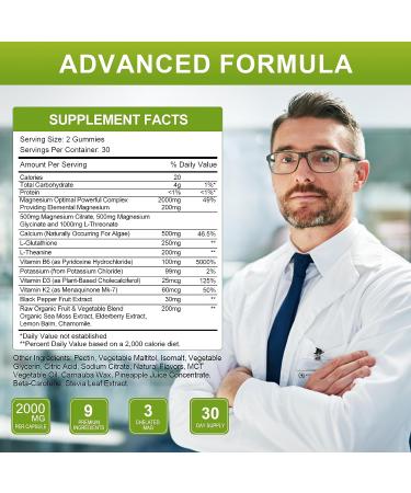 Magnesium L-Threonate Gummies 1000mg with Glycinate 500mg Citrate 500mg - Sugar Free & High Absorption Formula with Vitamin D, K2, B6, Potassium - 60 Gummies - Buy Online on GoSupps.com