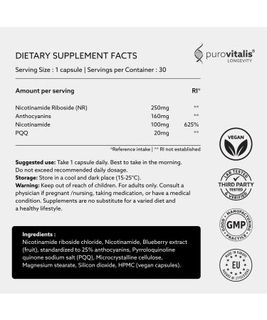 PUROVITALIS NAD+ Supplement NAD with Nicotinamide Riboside (NR) Vitamin B3 PQQ and Anthocyanin Cellular Energy Booster High Purity 1-Month Supply (30 Vegan Capsules) - Buy Online on GoSupps.com