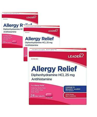 Leader Antihistamine Allergy Relief Diphenhydramine HCl 25mg Mini Tablets 24 Count Pack of 3