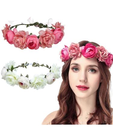 Flower crown flower wreath 2 pieces of flower crown bridal headband hair for women wedding party women flower wreath flower crown headband flower wreath crown headband for women or girls as hair accessories