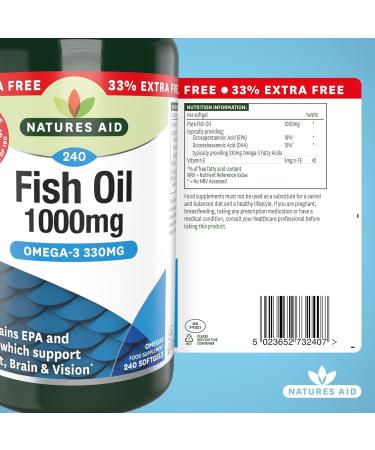 Natures Aid Fish Oil 1000mg | Omega 3 (180mg Epa & 120mg Dha) | 240 Softgels | Made In The UK | Extra Value Pack 240 Capsules - Buy Online on GoSupps.com