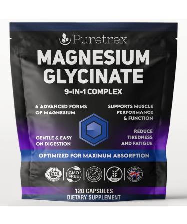 Puretrex Magnesium Glycinate Complex, 120 Vegan Capsules, 9-in-1 Formula with 6 Advanced Forms, Supports Muscle Performance, Maximum Absorption