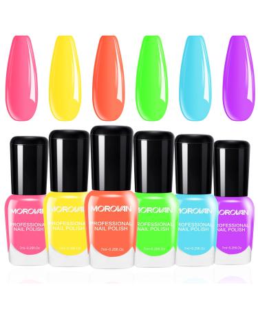 Morovan Nail Polish Set Fingernail: Neon Quick Dry 6 Bright Colors Rainbow Nail Polish Kit Regular Finger Nail Polish Pack Summer 0.25oz Glossy Nail Polish Gifts for Women Neon Palette