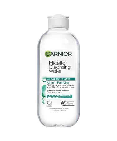 Garnier Micellar Water with Salicylic Acid, All-in-1 Mattifying Facial Cleanser and Makeup Remover for Oily and Acne Prone Skin, 13.5 Fl Oz Unscented 13.5 Fl Oz (Pack of 1)