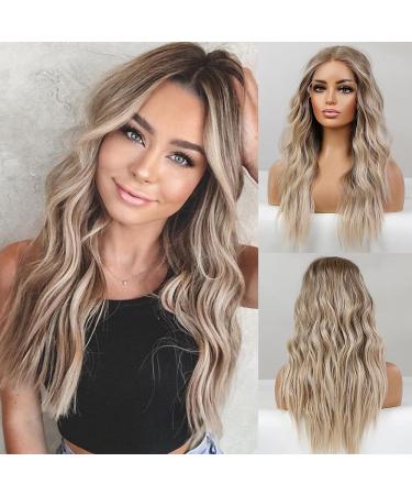 Emmor Long Ombre Blonde Lace Front Wig for Women,25 Inch Natural Wavy Daily Hair Synthetic Lace Wigs Middle Part,Hand Tied/Longlife/Lightweight