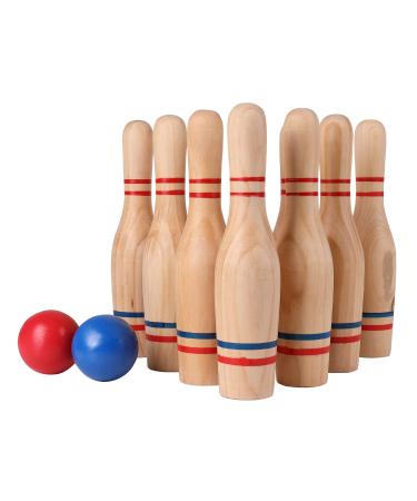 STERLING Sports Premium Wooden Lawn Bowling Skittles Set 11" Pins with Carrying Mesh Bag - 10 Heavy Solid Wooden Pins and 2 Balls - for Indoors and Outdoors
