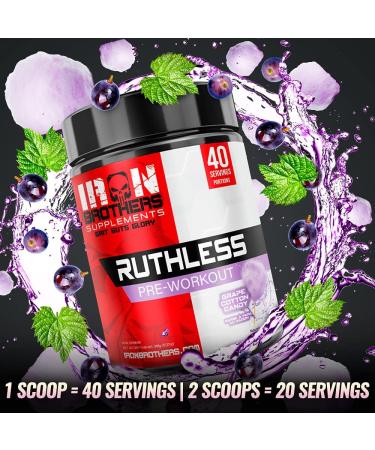 Iron Brothers Supplements Ruthless Pre workout Powder for Women & Men | Creatine-Free Nitric Oxide Booster | Energy & Focus | Workout Supplement Bulk Pre-Workout | 40 Servings (Grape Cotton Candy) - Buy Online on GoSupps.com