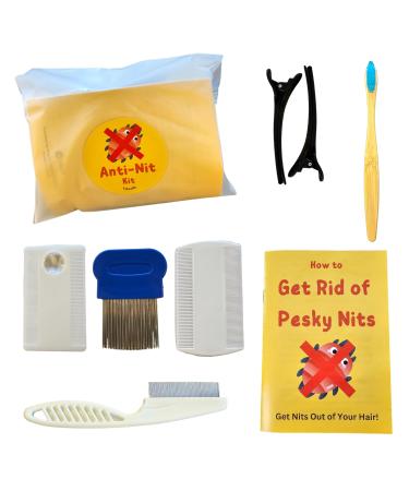 9pc Anti-Nit Kit Head Lice Comb Set: Nit Combs Kids and Adults for Head Lice Removal with Nit Comb Cleaning Brush Sectioning Clips and How to Get Rid of Pesky Nits Booklet