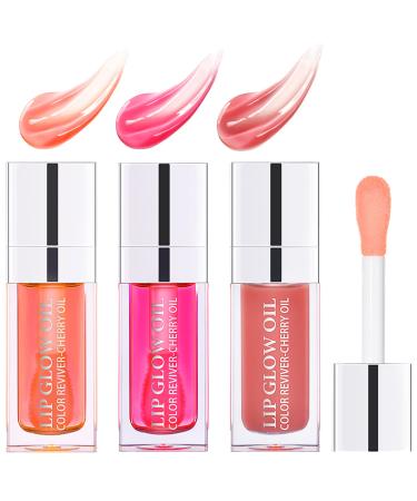 Arindar 3 PCS Plumping Lip Oil  Hydrating Lip Glow Oil Cherry  Plumper Lip Gloss Oil Set Clear  Transparent Lip Oil Tinted for Lip Care and Dry Lips  Long Lasting Nourishing Lip Glow Oil