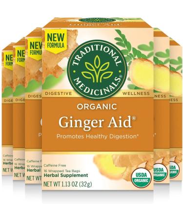 Traditional Medicinals - Organic Ginger Aid Herbal Tea (Pack of 6) - Help Relieve Digestive Upset Indigestion and Nausea - 96 Tea Bags Total Ginger Aid 16 Count (Pack of 6)