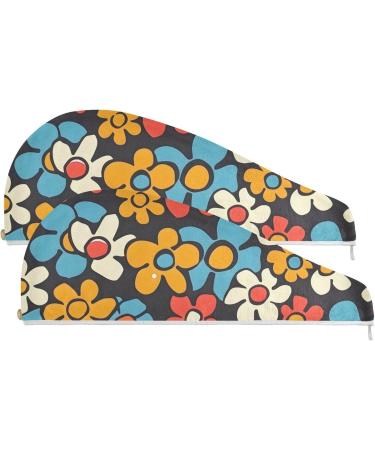 Red Blue Yellow Groovy Flowers Hair Towel 2 Pack | Super Absorbent Quick Dry Hair Turbans with Button Wrap for Women & Girls - Ideal for Fast Hair Drying - Buy Online on GoSupps.com