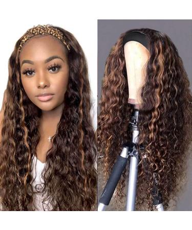 Curly Ombre Headband Wigs Human Hair Wigs for Black Women P4/27 Highlights Water Wave Natural Hair Wig Real Remy Hair None Lace Front Wigs Headband Attached Machine Made Wigs Glueless 150% Density 24 Inch 24 water wave wig