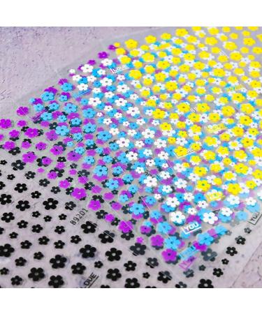 5 Sheets 3D Flower Nail Art Stickers - Self-Adhesive Decals with Colorful Designs for DIY Nail Decoration - Black/White/Yellow/Purple/Blue - Buy Online on GoSupps.com