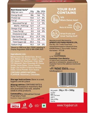 Yoga.bar Energy Bars - Chocolate Chunk | Multigrain Protein Snack | 8g Protein & 7g Fiber | Pack of 10 | High Energy Nutrition Bars | International Shipping - Buy Online on GoSupps.com