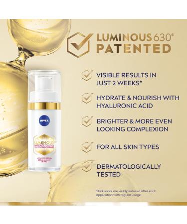 NIVEA LUMINOUS630 Dark Spot Solution Advanced Face Serum for All Skin Types Dark Spot Serum Visibly Reduces Dark Spots in Just 2 Weeks Hyaluronic Acid Serum Dermatologically-Tested Skin Care 30mL - Buy Online on GoSupps.com