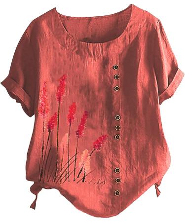 Cotton Linen Women's Dandelion Print Blouse - 3/4 Sleeve Crewneck Vintage Top | Orange-d 3X-Large - Buy Online on GoSupps.com