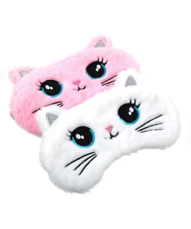 Sleep Mask for Children - 2-Pack Soft Plush Eye Covers | Cute Animal Designs for Girls & Boys | Pink & White Cat | Travel Nap & Party Accessories - Buy Online on GoSupps.com