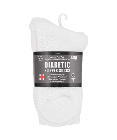 Diabetic Socks Unisex - Men's and Women Non Skid Hospital Loose Fitting Design Physician Approved Slipper Socks with Gripper Bottoms 3 Pack Gripper Socks (White - Skid 3 13-15) White - Skid 3 13-15
