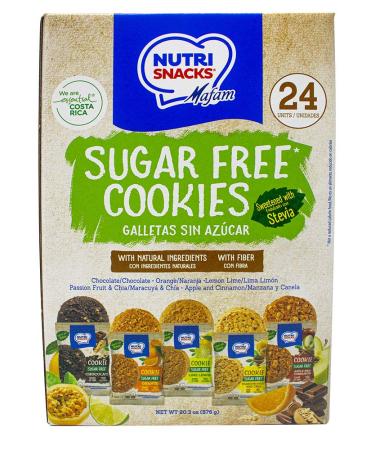 Nutrisnacks Sugar Free Cookies 24 units Variety Pack, 5 natural flavors, 0 gr of Sugar, sweetened with stevia, with whole grain cereals, dietary fiber and prebiotics.