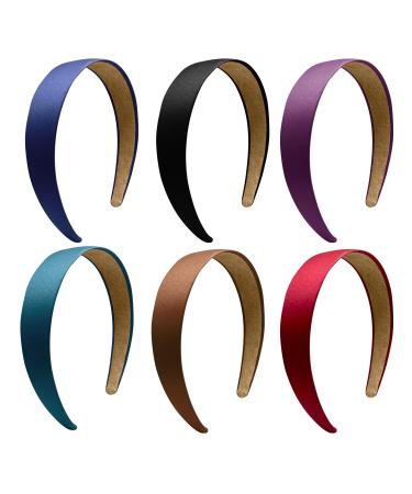 1.2 Inch Satin Headbands 6 Pcs Multi Color Ladies and Girls Hard Hair Bands  6 Colors. Deep Color