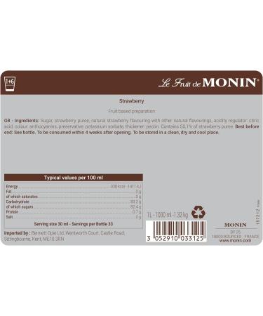 MONIN Strawberry Fruit Mix Puree 1L for Cocktails Smoothies and Mocktails. Vegan-Friendly Allergen-Free 100% Natural Flavours and Colourings. 2-in-1 Strawberry Puree and Sugar Syrup Hybrid - Buy Online on GoSupps.com