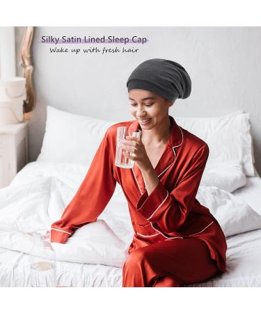 Silk Satin Lined Bonnet Sleep Cap - Adjustable Stay-On Hair Wrap for Curly Hair - Dark Grey - Buy Online on GoSupps.com