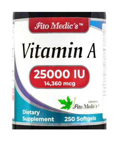 FITO MEDIC'S Lab - Vitamin a 25000 iu softgels - 250 Softgels- Ultra high Absorption Healthy Skin & Eyes Antioxidant Activity & Immune System Function.