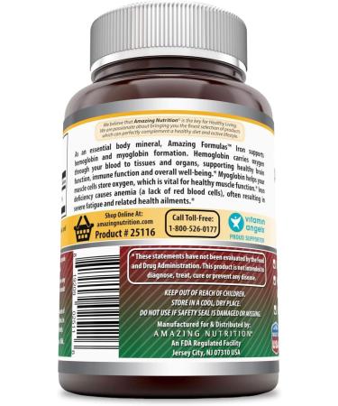 Amazing Formulas Iron Bisglycinate 25mg Veggie Capsules - 180 Count - Non-GMO & Gluten-Free - Supports Oxygen Supply - Promotes Hemoglobin Formation - Buy Online on GoSupps.com