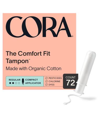 Cora Organic Applicator Tampons | Regular Absorbency | 100% Cotton Core, Unscented, BPA-Free Compact Applicator | Leak Protection, Easy Insertion, Non-Toxic | 72 Count