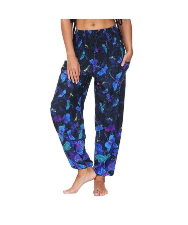 Haiorziyou harem pants women big sizes hippie pants impact pants boho light flower pattern beach trousers women yoga pants long baggy summer pants elastic pants leisure pants aladin pants fabric pants m black
