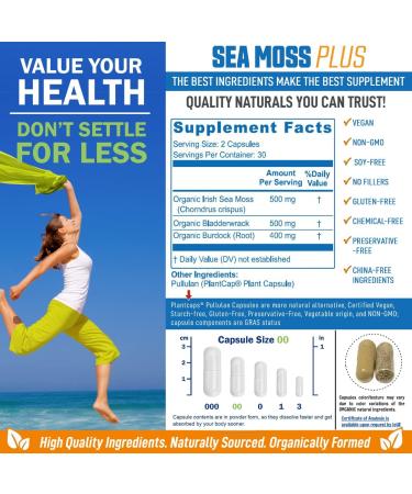 Power By Naturals Certified Organic Sea Moss Plus Supplements - 60 Vegan Capsules with Irish Sea Moss, Bladderwrack, and Burdock Root for Pure and Potent Seaweed Blend - Buy Online on GoSupps.com