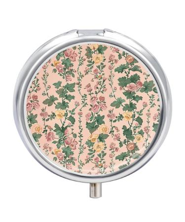 Round Pill Box with Small Flower Pattern Print 3 Compartment Medicine Pill Case Print Pill Organizer Decorative Metal Portable Pill Box Pocket Pill Box