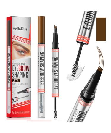 9705 2in1 Hilibrand 4-Pronged Dual-Ended Eyebrow Pencil&Eyebrow Gel 4-Pronged Ultra-Fine Realistic Eyebrow Pencil End Eyebrow Setting Wax End Waterproof Sweatproof Long-Lasting (2#Dark Brown)