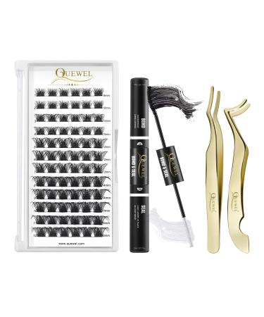 Cluster Lashes 72 Pcs Wide Stem Individual Lashes C/D Curl 8-16mm Length+2 Pcs False Eyelashes Tweezers+QUEWEL Lash Bond And Seal