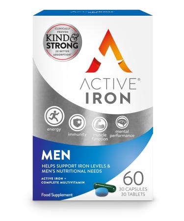 Active Iron Men | 30 Iron Capsules & 30 Multivitamin Tablets | Iron Supplement with Zinc Vitamin C D and High Dose B Vitamins | 1-Month Supply