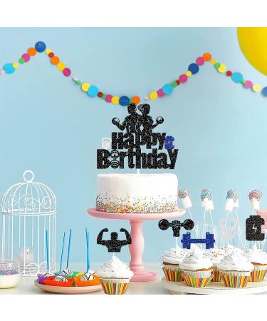 G-LOVELY'S Gym Happy Birthday Cake Toppers Glitter Fitness Themed Double Sided Cake Decorations Blue Silver Cupcake Toppers Kettlebell Dumbbell Energy Bottle Party Decor Supplies for Men Women Boys - Buy Online on GoSupps.com