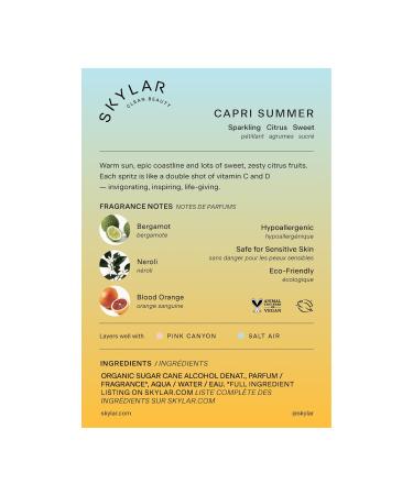 Skylar Capri Summer Eau de Parfum - Hypoallergenic & Clean Perfume for Women & Men Vegan & Safe for Sensitive Skin - Fruity Citrus Perfume Bergamot Neroli & Blood Orange - 50mL /1.7 Fl oz - Buy Online on GoSupps.com