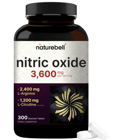 NatureBell Nitric Oxide Supplement for Men & Women Pre-Workout Formula with L-Arginine & L-Citrulline 3 600mg 300 Bisected Tablets (100 Servings) Max Strength Non-GMO Gluten Free*